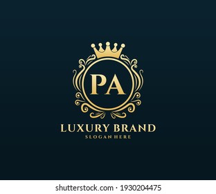 PA Initial Letter, Gold text with feminine floral hand drawn heraldic monogram, Antique vintage style luxury logo design.
