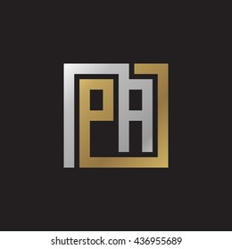 PA initial letters looping linked square elegant logo golden silver black background