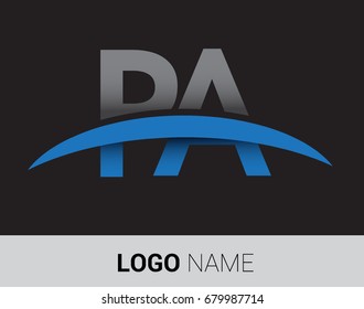 PA initial logo company name colored grey and blue swoosh design.