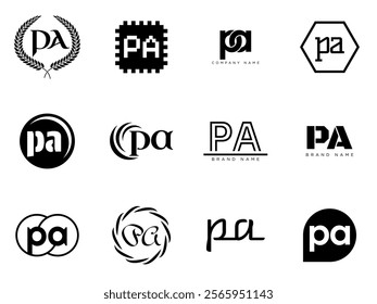 PA logo company template. Letter p and a logotype. Set different classic serif lettering and modern bold text with design elements. Initial font typography. Collection trendy business identity.