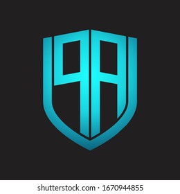 PA Logo monogram with emblem shield design isolated with blue colors on black background