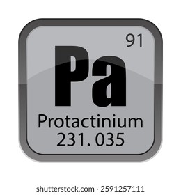 Pa Protactinium 231.035. Number 91 detail. Gray chemical tile. Vector periodic icon.