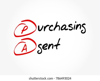 PA Purchasing Agent - consider price, quality, availability, reliability, and technical support when choosing suppliers and merchandise, acronym text concept background