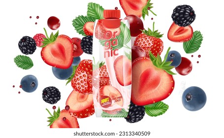 Paackaging mock up with set of strawberry, blue berry, cherry fruits flying with strawberries of pieces element in the middle on white background. Realistic vector in 3D illustration.