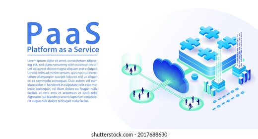 PaaS platform as a service concept infographic. Isometric 3d vector illustration of different modules purchased via the cloud by end users