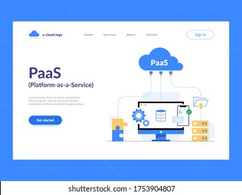 PaaS: Platform as a Service first screen. Cloud components for software, a framework to build customized applications. Optimization of business process for startups, small companies and enterprises.