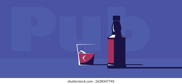 Pab poster for bar, restaurant menu, bottle of alcohol and glass of scotch with ice. Vector design whiskey, rum, brandy, drink party