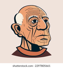 Pablo Picasso's portrait drawing in illustration and vector style, drawn from a side angle using caricature and Picasso's drawing style. Spanish artist, Cubism pioneer; famous for Guernica, more.