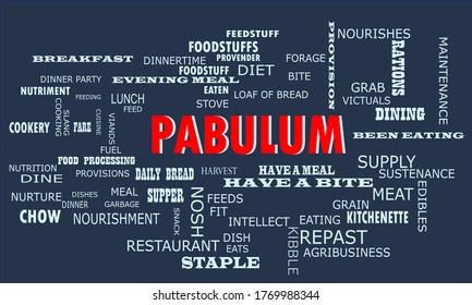 Pabulum text presented in red color with multiple related words on dark background vector abstract background.