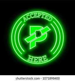 PACcoin ($PAC) green  neon cryptocurrency symbol in round frame with text "Accepted here"