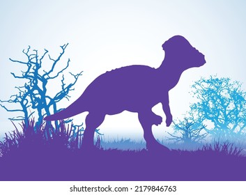 Pachycephalosaurus Dinosaurs silhouettes in prehistoric environment overlapping layers; decorative background banner abstract vector illustration