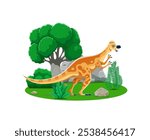 Pachycephalosaurus prehistoric dinosaur character. Isolated cartoon vector genus of ornithischian dinos. Herbivore animal from the late cretaceous period in a lush green forest with trees and plants