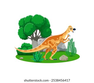 Pachycephalosaurus prehistoric dinosaur character. Isolated cartoon vector genus of ornithischian dinos. Herbivore animal from the late cretaceous period in a lush green forest with trees and plants