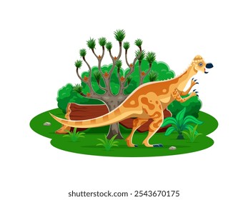 Pachycephalosaurus prehistoric dinosaur character. Isolated cartoon vector genus of ornithischian dinos. Herbivore animal from the late cretaceous period in a lush green forest with trees and plants