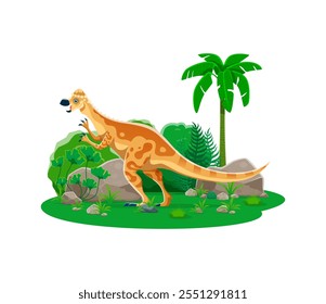 Pachycephalosaurus prehistoric dinosaur character. Isolated cartoon vector genus of ornithischian dinos. Herbivore animal from the late cretaceous period in lush green forest with palm tree and plants