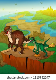 Pachycephalosaurus and raptor with landscape background. Vector illustration.