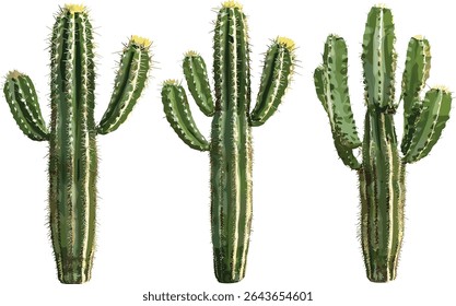 Pachycereus schottii cactus group, sunny frontal view, isolated with transparent background, desert greenery, xeriscape design, drought-resistant succulent, botanical art, vector illustration.