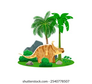 Paquirrinossauro caráter animal dinossauro pré-histórico com palmas. Personagem vetor de lagarto dino jurássico bonito, árvores florestais pré-históricas e plantas verdes. Desenho animado extinto dinossauro herbívoro ceratopsiano