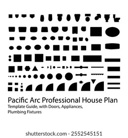 Pacific Arc Professional House Plan Template Guide, with Doors, Appliances, Plumbing Fixtures Black Silhouette illustration