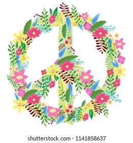Pacific - bright, colored flowers and leafs on white background. The symbol of the world. Retro sign of love, peace and pacifism performed hand-made in vintage style.
