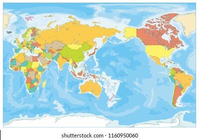 Pacific Centered World Colored Map And Bathymetry. No Text. Water Borders And Water Objects, State Outline. Detailed World Map Vector Illustration.