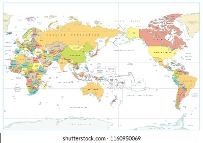 Pacific Centered World Colored Map Isolated on white. Countries and capitals, cities, borders and water objects, state outline. Detailed World Map vector illustration.