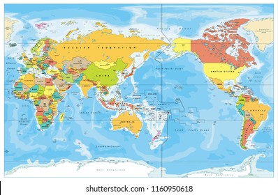 Pacific Centered World Colored Map Countries Stock Vector (Royalty Free ...