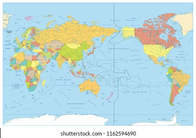 Pacific Centered World Colored Map with rivers and its names. Water borders and water objects, states outline, basin names, water objects names. No cities, capitals and countries names.