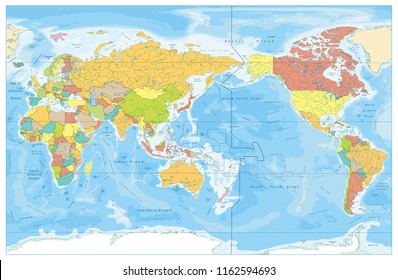 Pacific Centered World Colored Map and Water Bathymetry with names. Water borders and water objects, states outline, basin names, water objects names. No cities, capitals and countries names. 