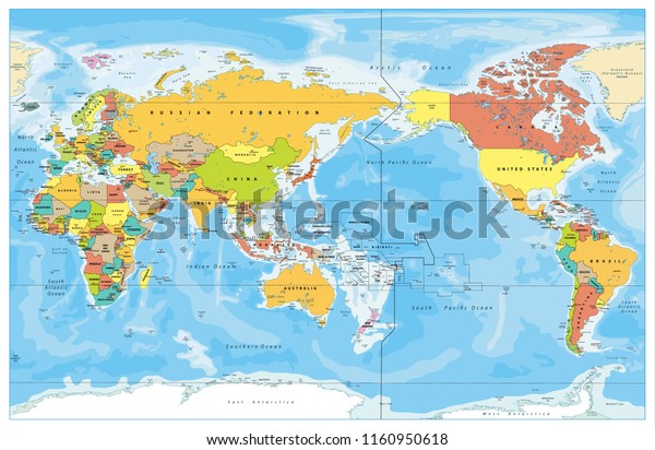 Pacific Centered World Colored Map Countries Stock Vector (Royalty Free ...