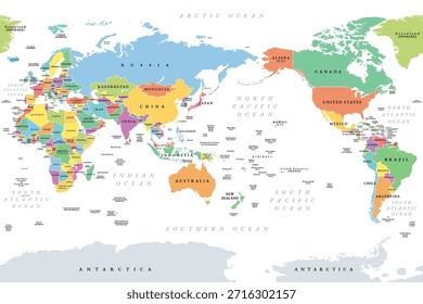 Mapa mundial centrado en el Pacífico. Mapa político coloreado, colocando el Océano Pacífico en el centro, mostrando Asia, Oceanía y las Américas a su alrededor, enfatizando la Cuenca del Pacífico. Proyección cilíndrica.