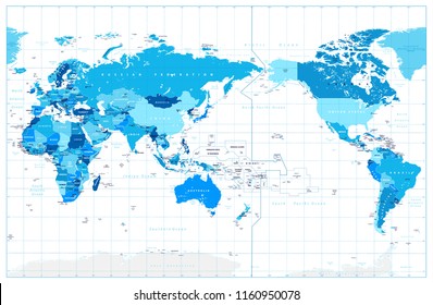 Pacific Centered World Map In Colors of Blue. Countries and capitals, cities, borders and state outline. Detailed World Map vector illustration.