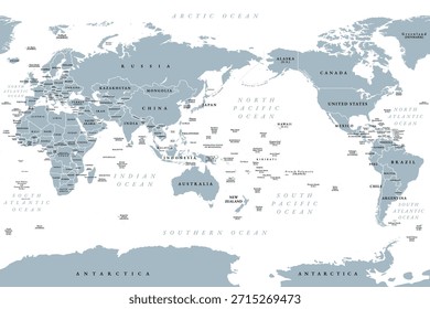 Mapa mundial centrado en el Pacífico. Mapa político gris, colocando el Océano Pacífico en el centro, mostrando Asia, Oceanía y las Américas a su alrededor, enfatizando la Cuenca del Pacífico. Proyección cilíndrica.  Vector