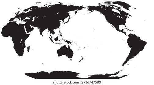 Mapa mundial centrado en el Pacífico con lagos y mares Vector sólido editable