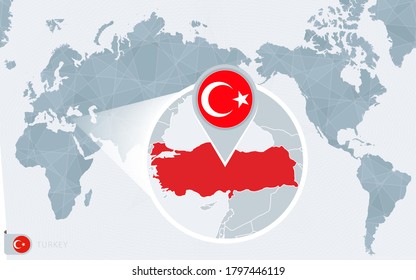 Pacific Centered World Map With Magnified Turkey. Flag And Map Of Turkey On Asia In Center World Map.