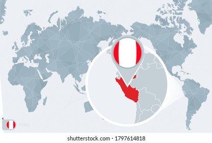 Pacific Centered World map with magnified Peru. Flag and map of Peru on Asia in Center World Map.