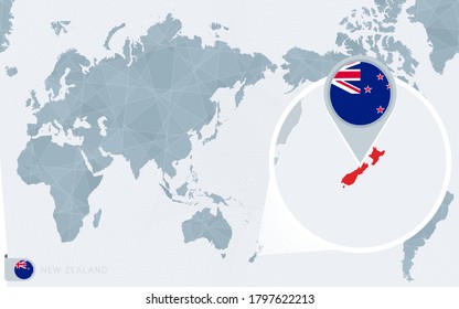 Pazifische Weltkarte mit vergrößerter Neuseeland. Flag und Karte von Neuseeland auf Asien in Center World Map.