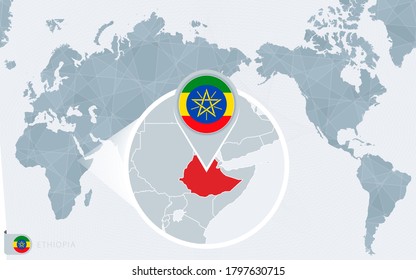 Mapa del Mundo del Pacífico con Etiopía ampliada. Bandera y mapa de Etiopía en Asia en el Mapa Mundial del Centro.