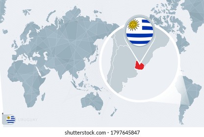 Pacific Centered World map with magnified Uruguay. Flag and map of Uruguay on Asia in Center World Map.