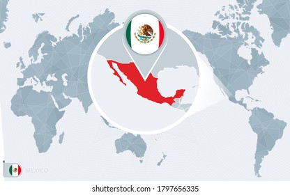 Pacific Centered World map with magnified Mexico. Flag and map of Mexico on Asia in Center World Map.