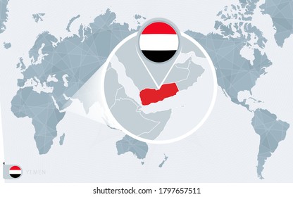 Pacific Centered World map with magnified Yemen. Flag and map of Yemen on Asia in Center World Map.