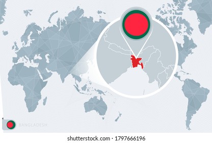 Pacific Centered World map with magnified Bangladesh. Flag and map of Bangladesh on Asia in Center World Map.