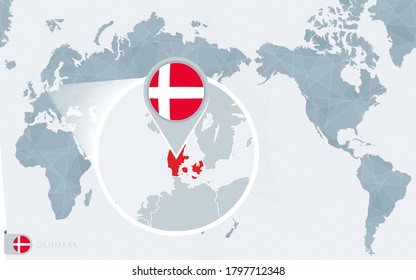 Pacific Centered World map with magnified Denmark. Flag and map of Denmark on Asia in Center World Map.