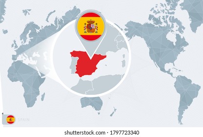 Pacific Centered World map with magnified Spain. Flag and map of Spain on Asia in Center World Map.