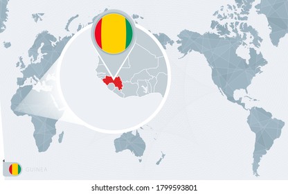 Mapa del Mundo del Pacífico con Guinea ampliada. Bandera y mapa de Guinea en Asia en el Mapa Mundial del Centro.