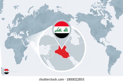 Pacific Centered World map with magnified Iraq. Flag and map of Iraq on Asia in Center World Map.