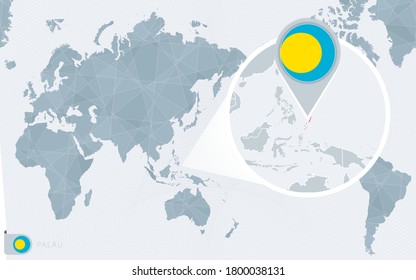 Mapa del Mundo del Pacífico con Palau ampliado. Bandera y mapa de Palau en Asia en el Mapa Mundial del Centro.