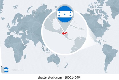 Pacific Centered World map with magnified Honduras. Flag and map of Honduras on Asia in Center World Map.