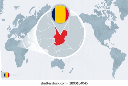 Pazifische Weltkarte mit vergrößerter Tschad. Flagge und Karte des Tschad auf Asien in der Mitte Weltkarte.