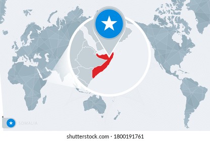 Mapa del Mundo Centro del Pacífico con Somalia ampliada. Bandera y mapa de Somalia en Asia en el Mapa Mundial del Centro.